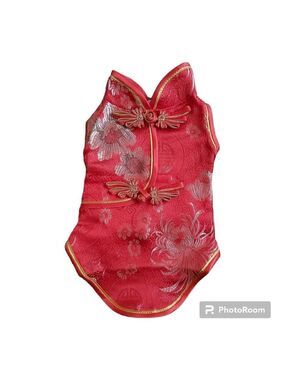 Chinese New Year Red Floral Dog Shirt With Gold Accents - Size Small